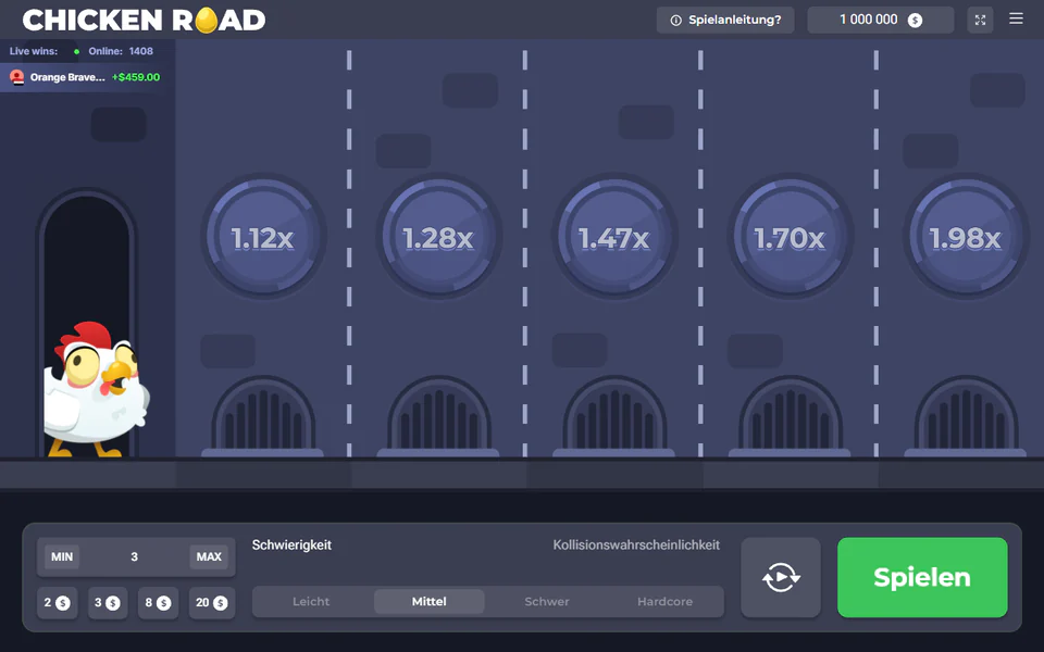 Chicken Road Spielfeld auf Stufe Mittel mit den Multiplikatoren 1.12x bis 1.98x und dem Bedienfeld mit Einsatz, Schwierigkeit und Spielen-Knopf